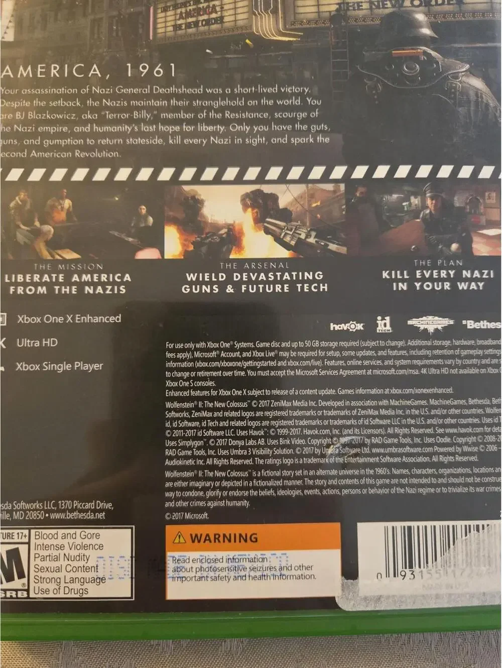 Wolfenstein II: The New Colossus - Xbox One Game Disc and Case
